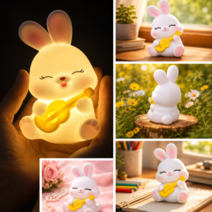 Cute Bunny Guitar LED Night Light Lamp – Soft Warm Glow Tabletop Light for Kids Room & Desk Decor