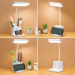 3 Color Rechargeable LED Study Table Lamp with Phone Stand & Pen Holder – Flexible Touch Control Desk Light for Students & Office