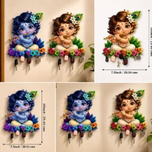 Little Krishna Printed Wooden Key Holder – Decorative Wall Mounted Key Rack for Home & Office