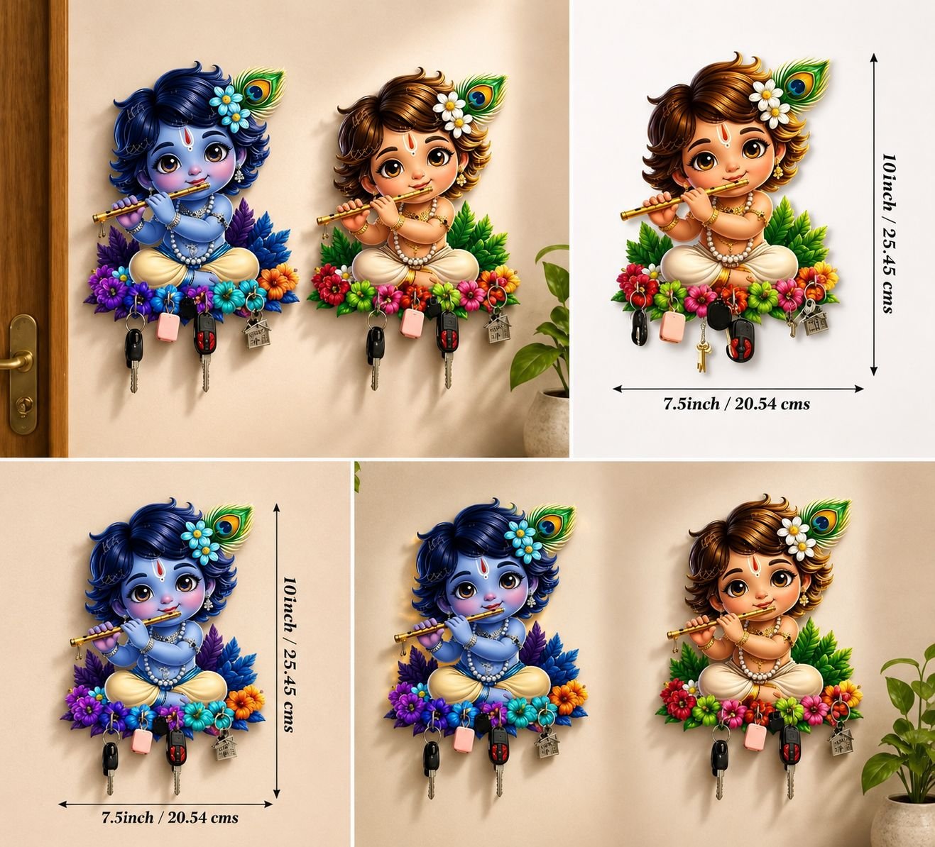 Little Krishna Printed Wooden Key Holder – Decorative Wall Mounted Key Rack for Home & Office